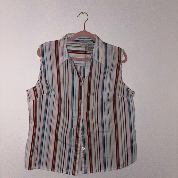 White Stag Tops - White Stag Sleeveless Button-Down Shirt in White with Multicolor Stripes